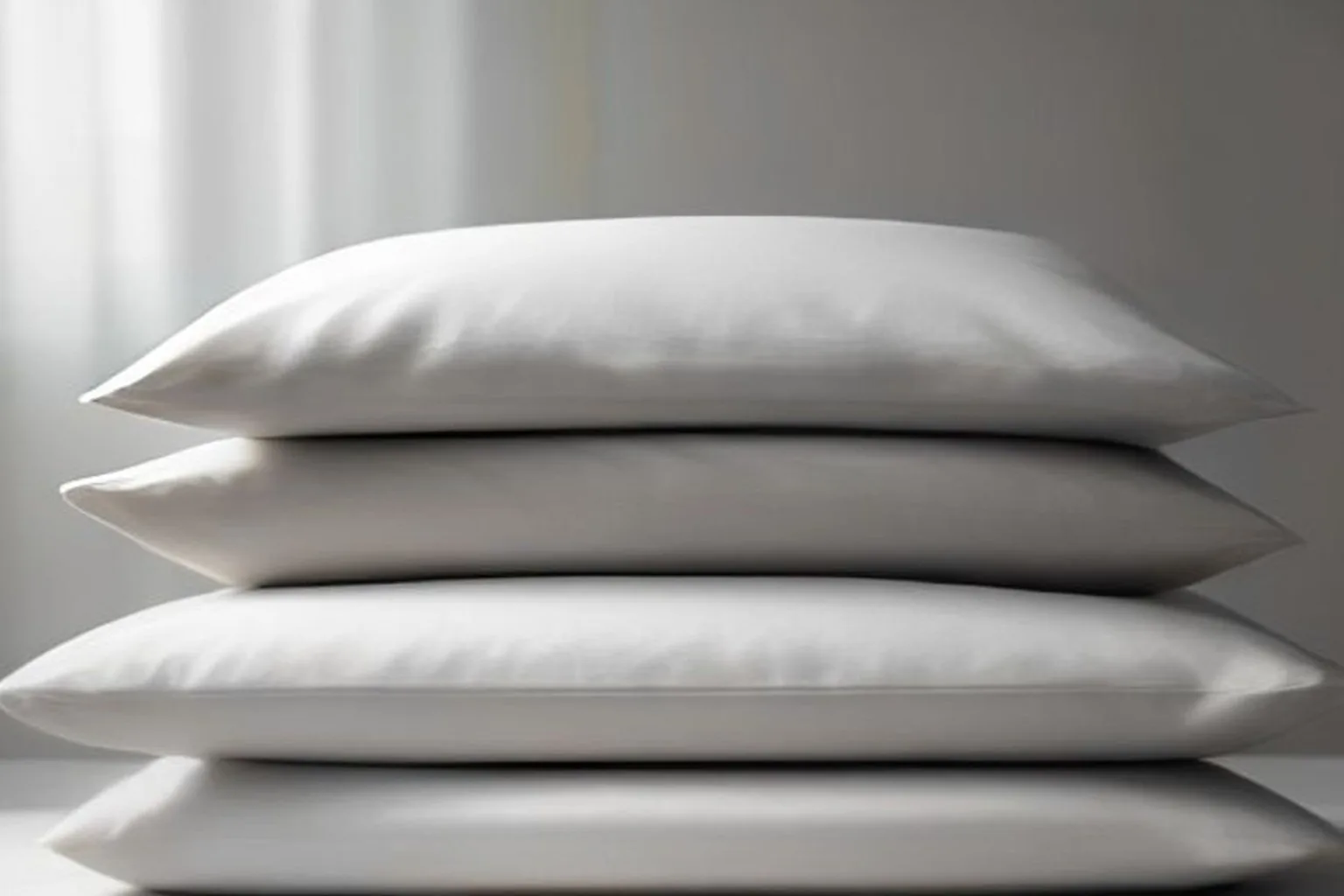 Folded white bedding and pillows on a linen surface